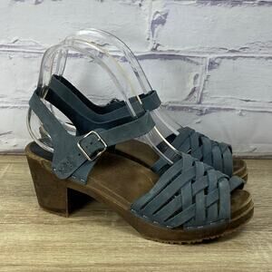 Sandgrens Blue Leather Wooden Sandals Women's 38 US 7-7.5 Swedish Strappy Heel